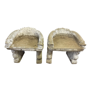 Curved Concrete Garden Seats With Acanthus Leaves and Animals -a Pair