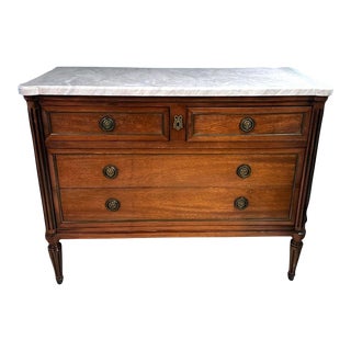 Louis XVI Style Wooden Chest of Drawers With Four Drawers and Shaped Marble Top For Sale