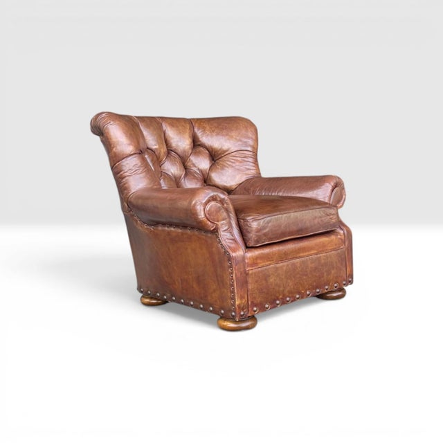 Wood 1990s English Churchill Leather Armchair With Rolled Arms & Brass Nailhead Trim For Sale - Image 7 of 12