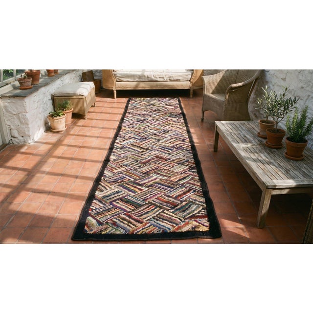 1930s Multicolor Basket Weave Antique American Hooked Rug 2'4" X 17'3" Handknotted Wool Carpet For Sale - Image 14 of 14