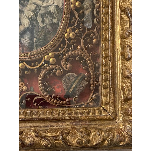 French Early 18th Century French Convent Rolled Paper Reliquary Shadowbox — Madonna & Child Engraving, Paper Filigree, Original Gilt Frame For Sale - Image 3 of 6