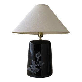 Art Deco 1980s Extra Large Black Ceramic Lamp With Calla Lily Motif For Sale