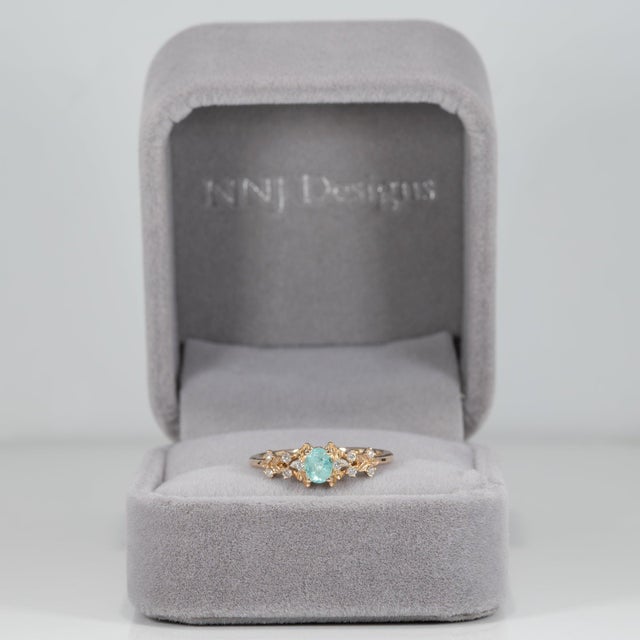 Modern Paraiba Tourmaline Ring With Natural Diamond Accents in Solid 14k Gold, 5x3mm, Size 6.75 For Sale - Image 3 of 9