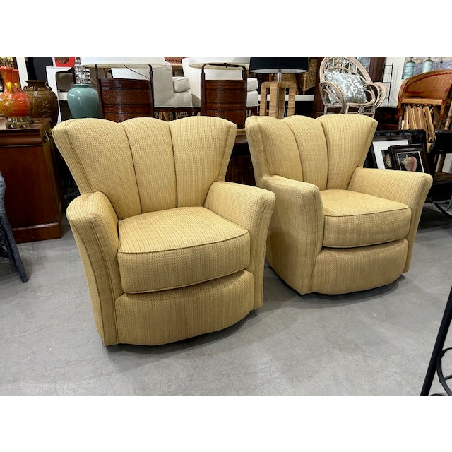Modern Channel Back Scalloped Swivel Chairs, a Pair For Sale - Image 3 of 8
