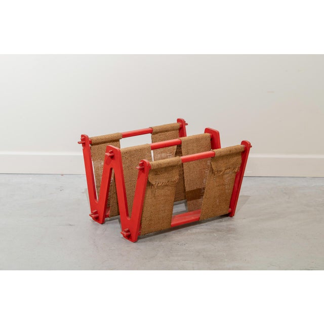 Vintage Brutalist Umbrella Stand in Red Lacquered Wood and Burlap, France, 1970s For Sale - Image 6 of 6