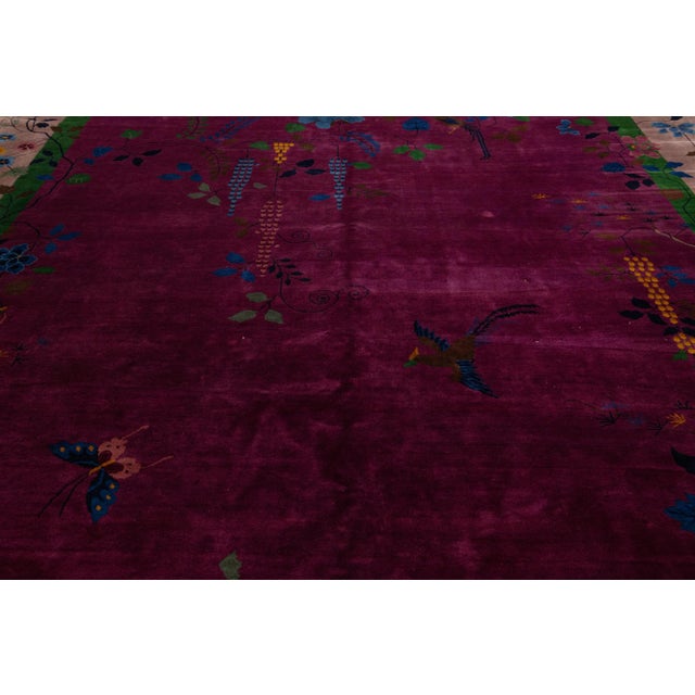 Art Deco Antique Purple Wool Rug Handmade With Chinese Floral Motif For Sale - Image 9 of 10