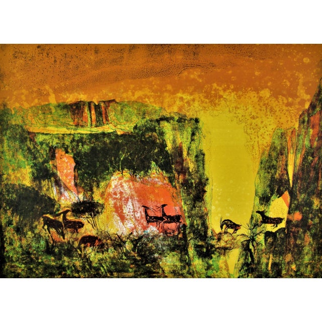 This artwork "Landscape with Deer Herds" c.1970 is an original color lithograph by French/Vietnamese artist Hoi Lebadang,...