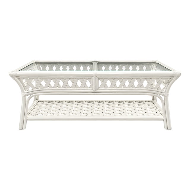 Vintage Lacquered Rattan Coffee Table With Glass Top For Sale