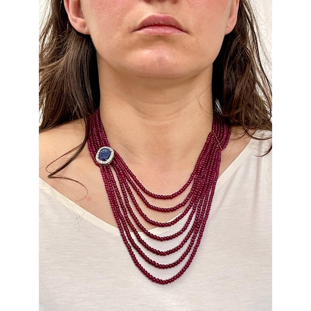 480 Ct 7 Layer Natural Smooth Ruby Bead Necklace 14k Gold Sapphire Diamond Clasp For Sale - Image 14 of 18
