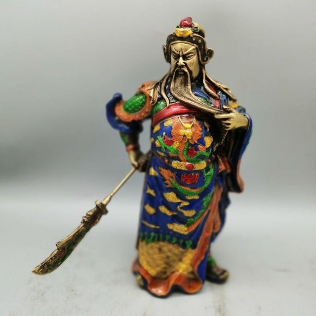 Enameled Brass Guan Gong Sculpture, Colorful Cloisonne Warrior God Figurine, Chinoiserie Tabletop Decor For Sale In Los Angeles - Image 6 of 8