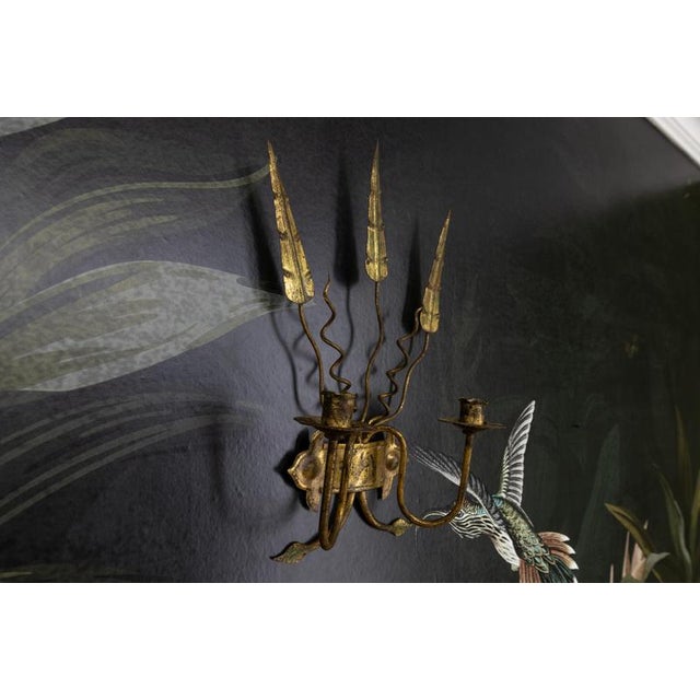 Spanish Gilt Iron Medieval Revival Style Two-Arm Candle Wall Sconce, ca. 1950s For Sale - Image 11 of 18