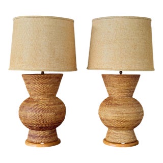 Pair of Vintage Sculptural Woven Rattan Table Lamps With Original Shades For Sale