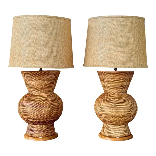 Pair of Vintage Sculptural Woven Rattan Table Lamps With Original Shades For Sale