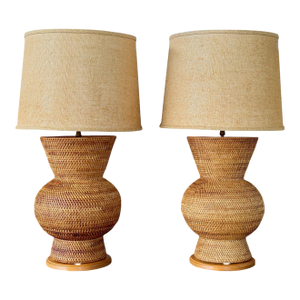 Pair of Vintage Sculptural Woven Rattan Table Lamps With Original Shades