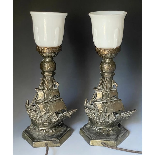 Art Deco Pair of Antique Art Deco 1921 Cast Nautical Accent Table Lamps W/ Ship & Globe For Sale - Image 3 of 17