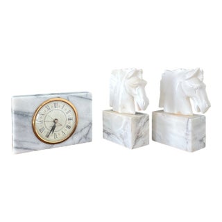 Vintage Marble Desk Clock and Horse Head Bookends Set For Sale