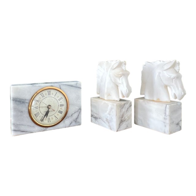 Vintage Marble Desk Clock and Horse Head Bookends Set For Sale