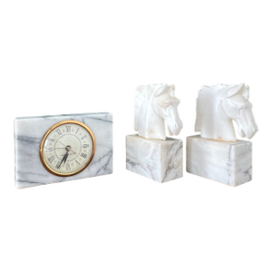Vintage Marble Desk Clock and Horse Head Bookends Set