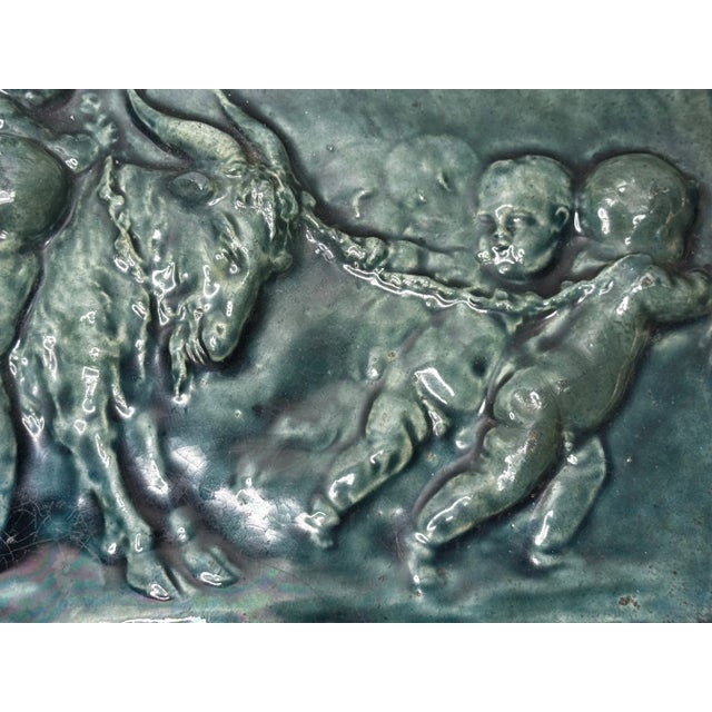 Pair Arts & Crafts Ceramic Relief Plaques Children With Goat & Children With Satyr & Dog c.1909 Attributed to Reginald Robert Tomlinson For Sale - Image 17 of 18