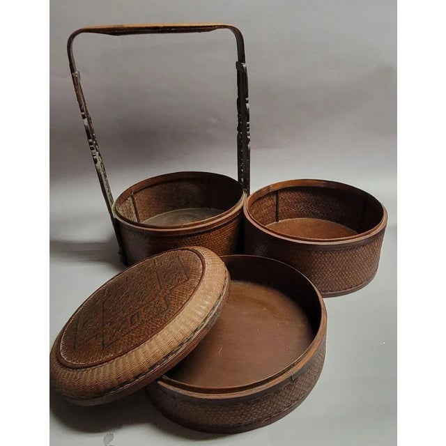 Brown Antique Chinese 3-Tier Woven Wedding Storage Basket For Sale - Image 8 of 8