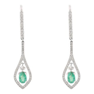 14k Gold Modern Emerald and Halo Diamonds Drop & Dangle Earrings- A Pair For Sale