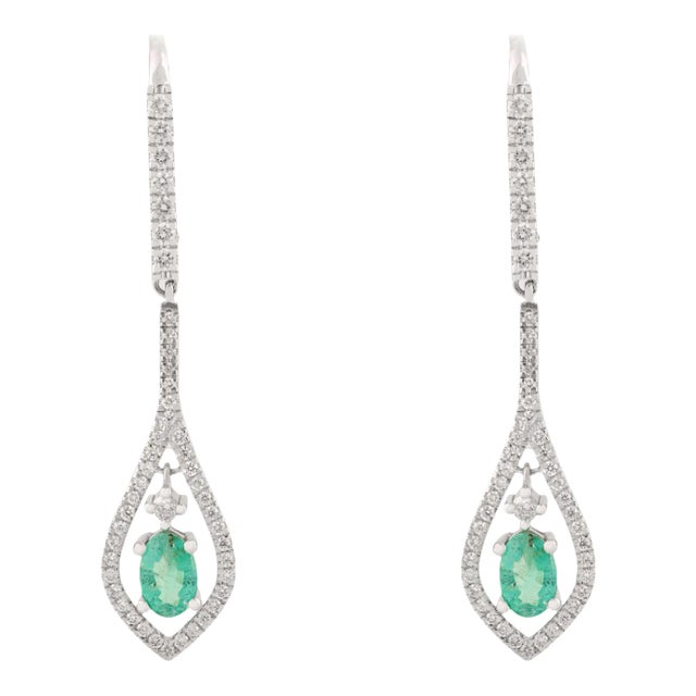 14k Gold Modern Emerald and Halo Diamonds Drop & Dangle Earrings- A Pair For Sale