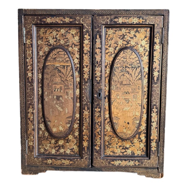 Antique Chinese 17" Black Lacquered Collectors Cabinet Qing Dynasty For Sale