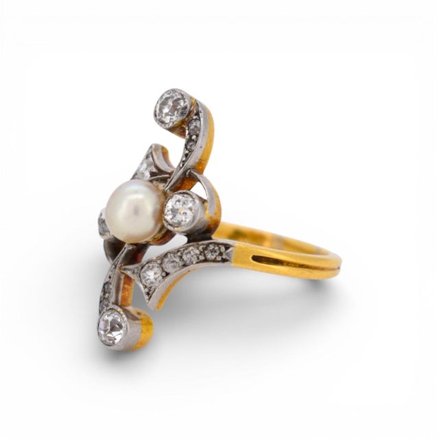 Antique 1910 Art Nouveau Pearl Ring - 18k Gold / Platinum, Size 7 For Sale - Image 4 of 7