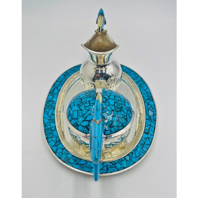 Metal 1960s Fajardo Taxco Silver Plate Brass Lapis Toucan Creamer Sugar Tray Set - 3pcs For Sale - Image 7 of 18