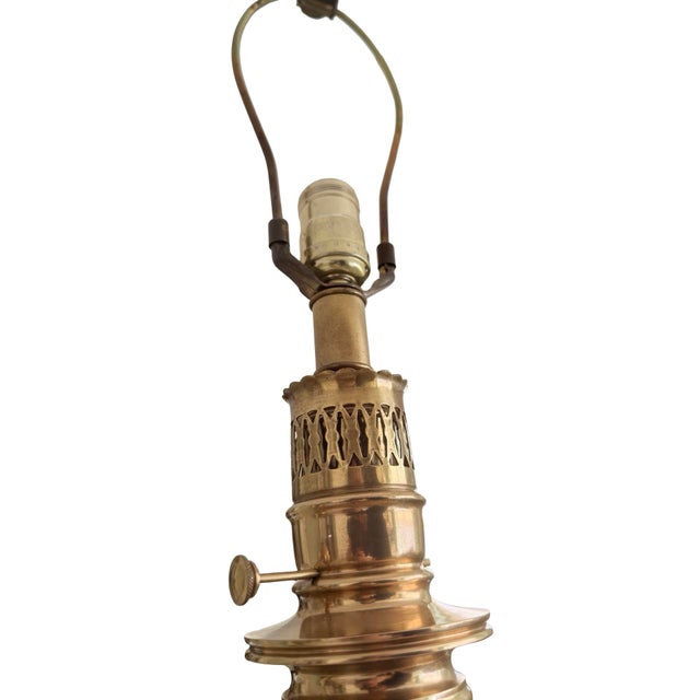 Hollywood Regency Vintage Brass & Black Column Table Lamp With Square Base & New Ivory Shade For Sale - Image 3 of 7