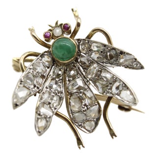 Late 19th Century Victorian 14k Gold Rose Cut Diamond Winged “En Tremblant” Insect Brooch For Sale