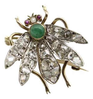 Late 19th Century Victorian 14k Gold Rose Cut Diamond Winged “En Tremblant” Insect Brooch