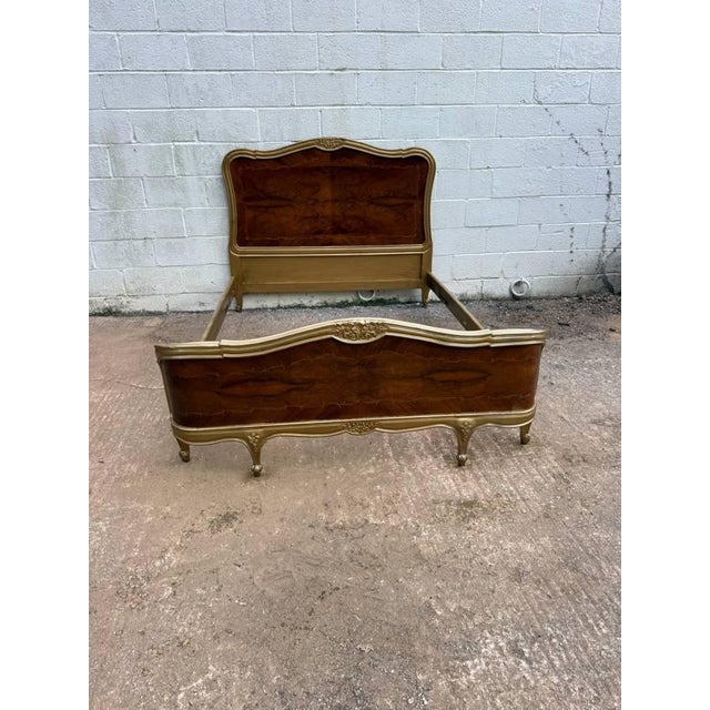 French Provincial Louis XV Mahogany and Parcel Painted Full Size Bed. Beautiful flame mahogany, with ornate carved painted...