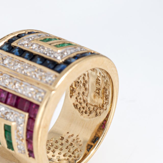 Metal 70s Gemstone Diamond Cigar Band 14k Yellow Gold 15mm Wide Ring Sz 6 Jewelry For Sale - Image 7 of 7