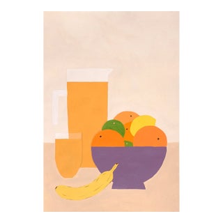 2023, Contemporary Still Life of Fruits and Lemonade, "Orange Juice With Fruit Bowl", Acrylic Painting on Watercolor Paper by Gio Bellagio For Sale