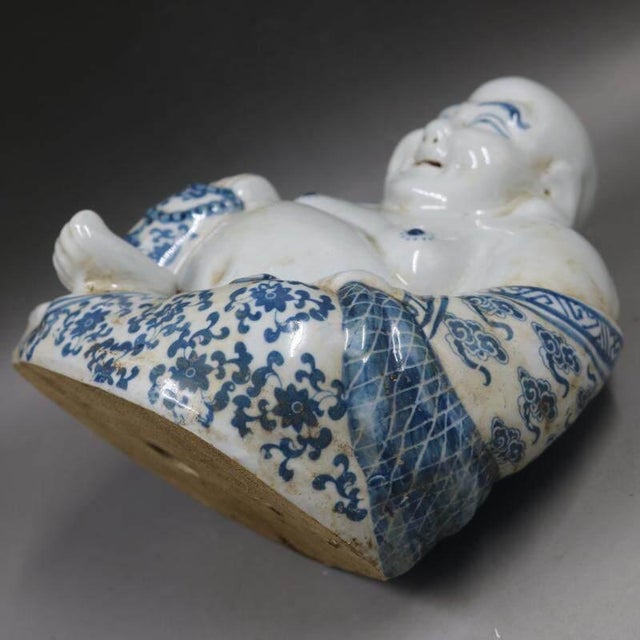 Chinese Vintage Ceramic Buddhist Sculpture,Hand Carved Blue and White Porcelain Statue of Maitreya Buddha Maitreya Buddha For Sale In Seattle - Image 6 of 7