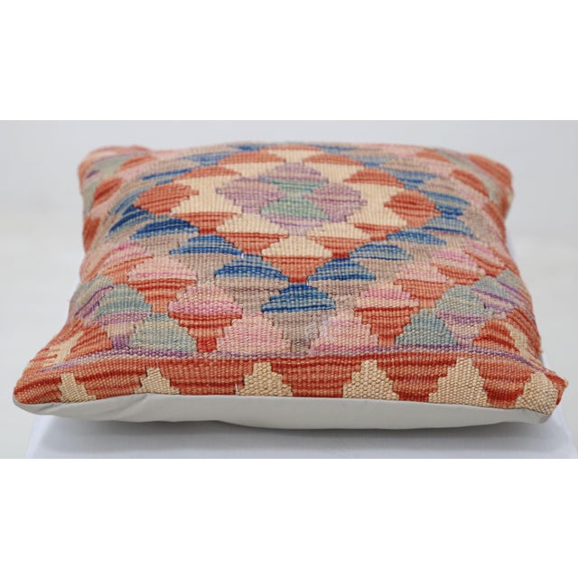 Tribal Arteverk Handwoven Afghan Kilim Pillow — Pink & Blue Diamond Lattice For Sale - Image 3 of 3