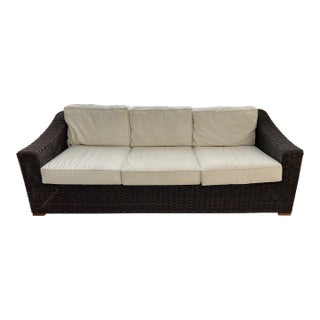 Vintage Brown Weaved Couch With White Cushions For Sale