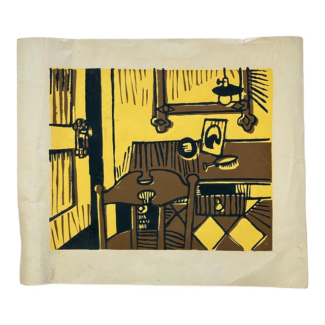 Mid 20th C. Post War Modernist Expressionist Woodblock Print Still Life With Chair and Dressing Table For Sale