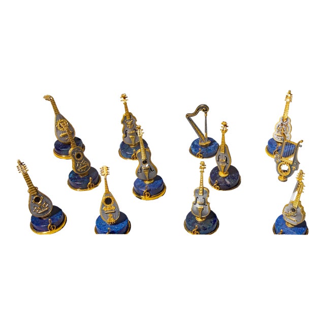 12 Italian Gilt Silver and Lapis String Instrument Place Card Holders Angeletti For Sale
