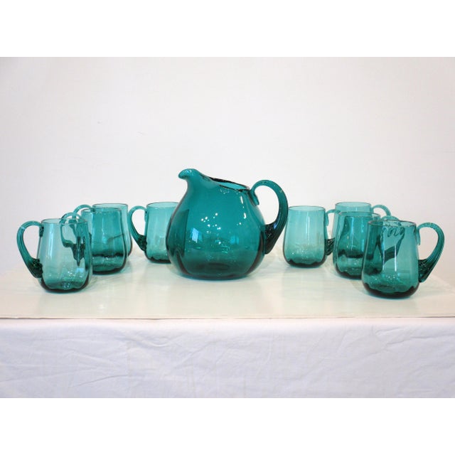1960s Blenko Styled Pitcher and Glass Mug Set by Wayne Husted - Set of 9 For Sale - Image 12 of 13
