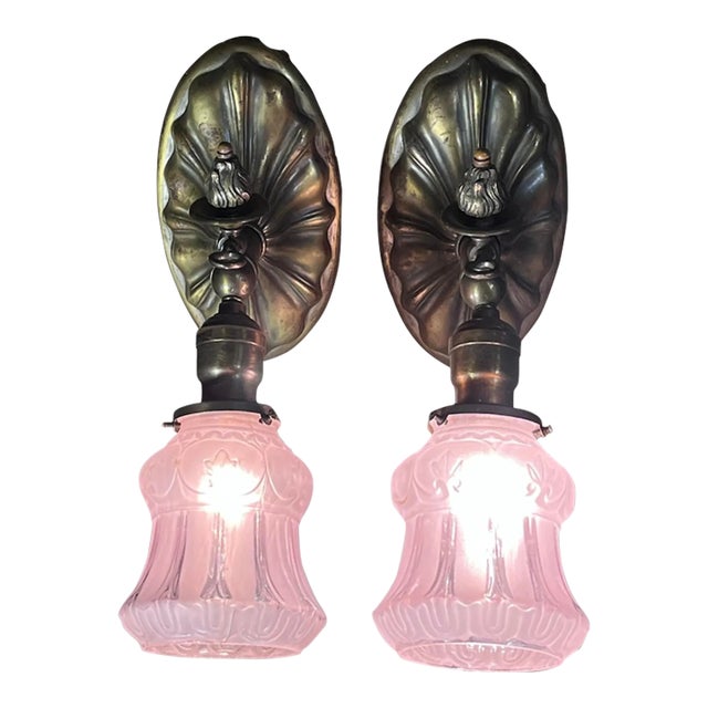 1900s Brass Beardslee Sconces With Violet Shades - a Pair For Sale