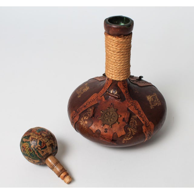Brown Vintage Nautical Italian Hand Tooled Leather Wrapped Decanter Bottle For Sale - Image 8 of 13