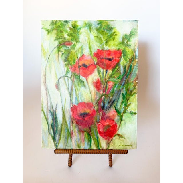 Lovely ethereal oil painting of red poppies. So cheerful! Signed on the bottom right: Alexander. Measures: 12" x 16"