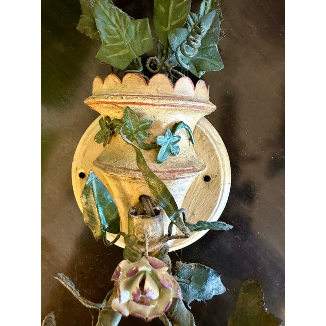 Metal Antique French Floral Tole Wall Sconces - a Pair For Sale - Image 7 of 17