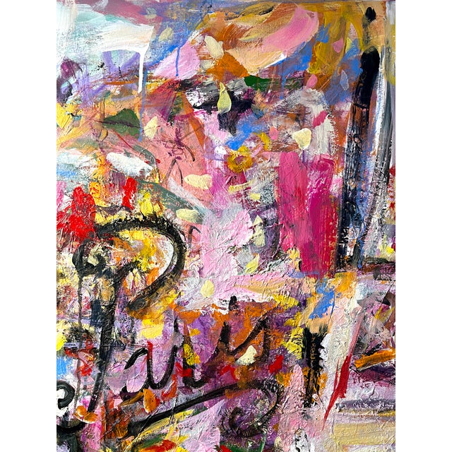 This painting bursts with vibrant colors and dynamic form, capturing the essence of Paris in a uniquely abstract style....