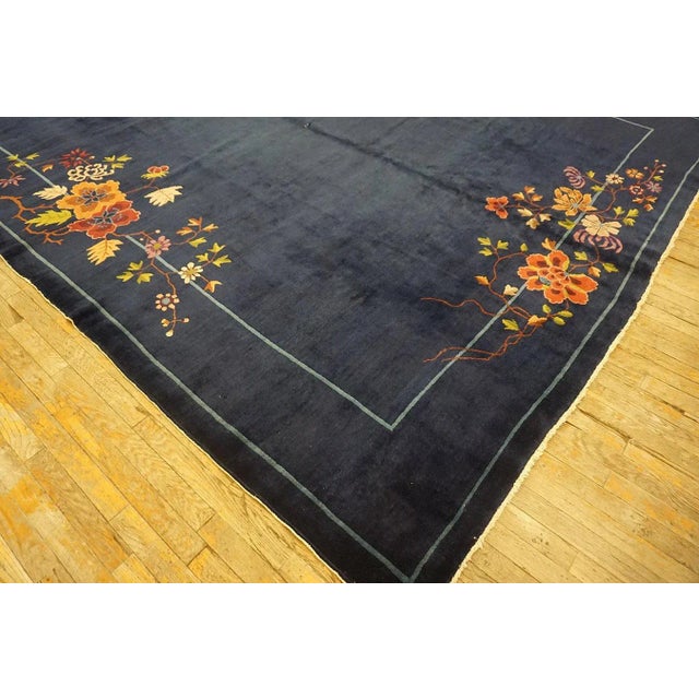 1920s Blue Navy Field Floral Antique Chinese Art Deco Carpet 9' X 11'4" Knotted Wool Rug For Sale In New York - Image 6 of 15