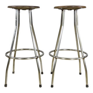Industrial Stools in Tubular Steel and Plywood Seat, 1960s, Set of 2 For Sale