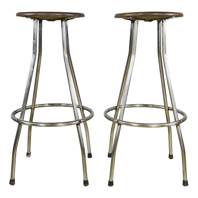 Industrial Stools in Tubular Steel and Plywood Seat, 1960s, Set of 2 For Sale