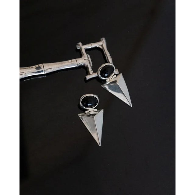 Vintage Triangular Earrings in Silver with Onyx, Set of 2 For Sale - Image 5 of 12